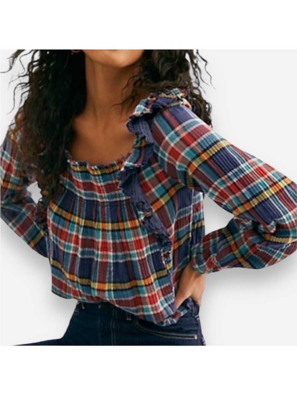 Free People Multicolor Plaid Ruffle-Trim Long Sleeve Top